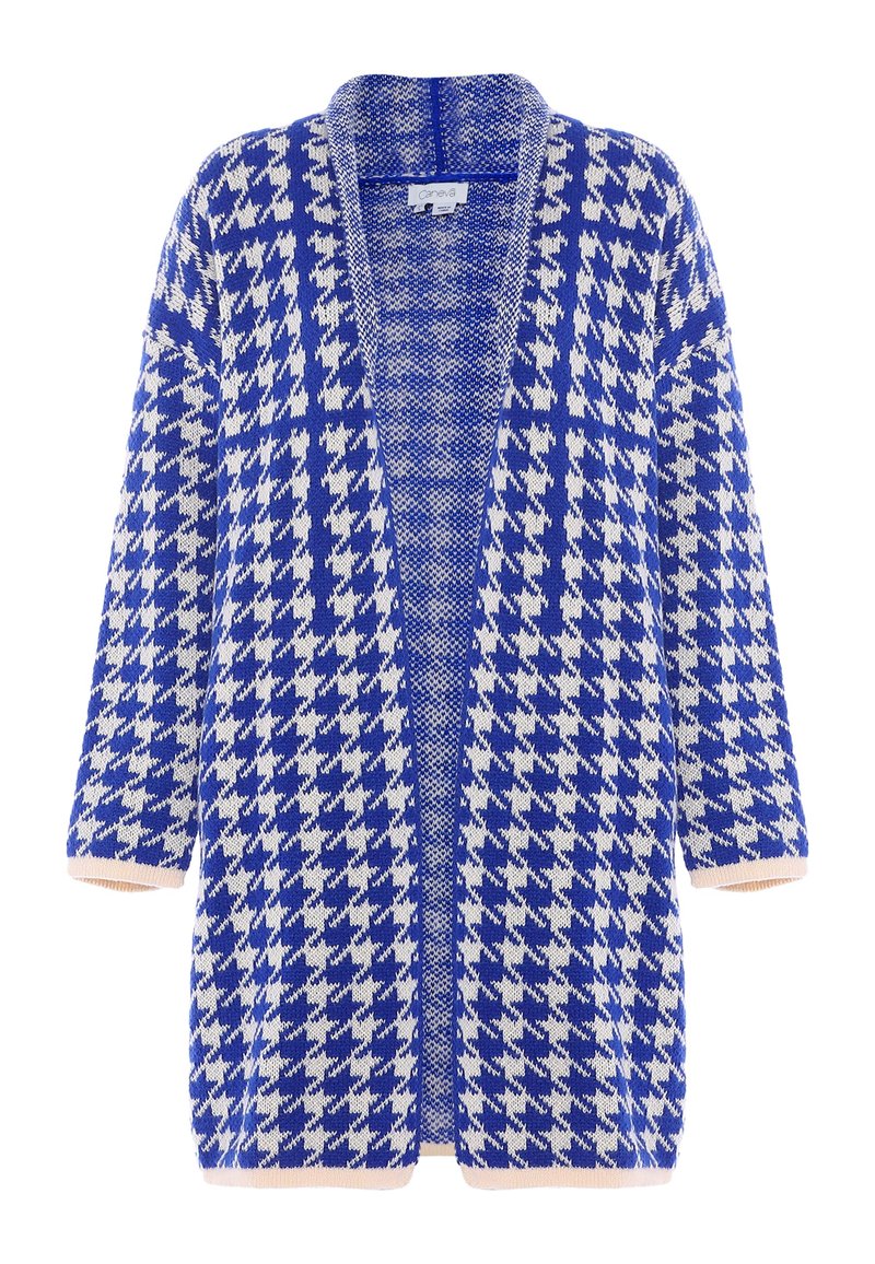 Cardigan a scacchi blu e bianchi con apertura frontale, maniche corte e dettagli rosa chiaro ai polsini, caratterizzato da un tessuto a maglia testurizzato.