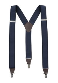 Granatowe materiałowe szelki z brązowymi skórzanymi akcentami, srebrnymi klipsami i centralną skórzaną łatą. Regulowany design dla pewnego dopasowania.