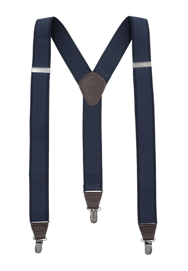 Granatowe materiałowe szelki z brązowymi skórzanymi akcentami, srebrnymi klipsami i centralną skórzaną łatą. Regulowany design dla pewnego dopasowania.