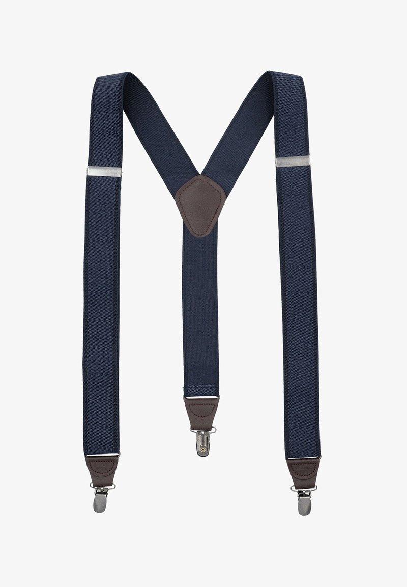 Granatowe materiałowe szelki z brązowymi skórzanymi akcentami, srebrnymi klipsami i centralną skórzaną łatą. Regulowany design dla pewnego dopasowania.