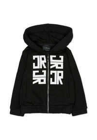 Czarna bluza z kapturem zapinana na zamek, z kieszenią typu kangurka, białym nadrukiem oraz kapturem. Wykonana z miękkiego, elastycznego materiału z prążkowanymi mankietami i ściągaczem u dołu.