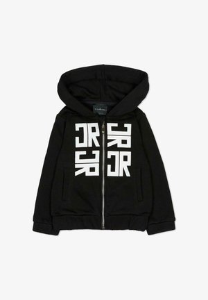 Felpa nera con zip, caratterizzata da una tasca a marsupio, stampa grafica bianca e cappuccio. Realizzata in tessuto morbido ed elastico con polsini e orlo a costine.