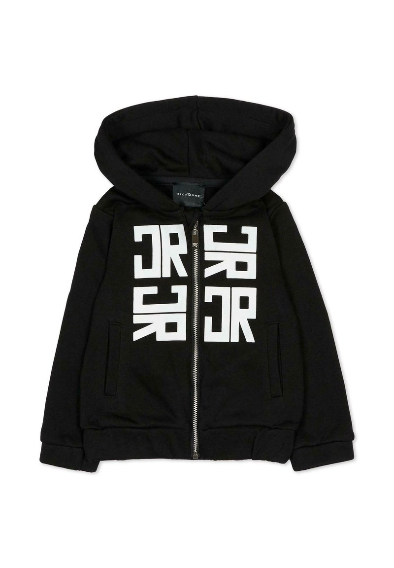 Czarna bluza z kapturem zapinana na zamek, z kieszenią typu kangurka, białym nadrukiem oraz kapturem. Wykonana z miękkiego, elastycznego materiału z prążkowanymi mankietami i ściągaczem u dołu.