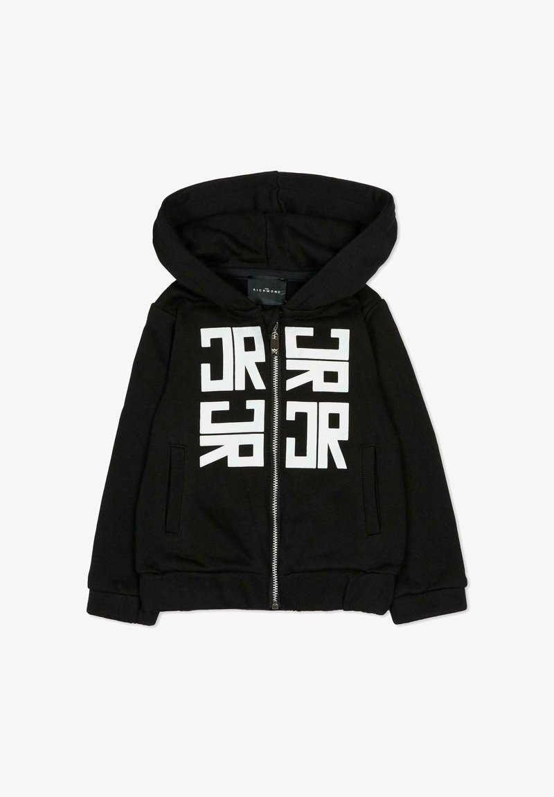 Czarna bluza z kapturem zapinana na zamek, z kieszenią typu kangurka, białym nadrukiem oraz kapturem. Wykonana z miękkiego, elastycznego materiału z prążkowanymi mankietami i ściągaczem u dołu.