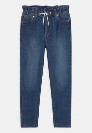 Blå denim joggerbukser med elastik i taljen og hvid snor, med forlommer og en afslappet pasform.