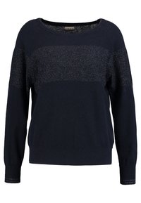 Pull bleu marine à manches longues avec large bande horizontale scintillante sur la poitrine et le haut des manches, col rond, poignets et ourlet côtelés.