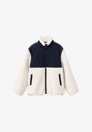 Fleece bunda s tmavomodrou hornou časťou a krémovou dolnou časťou. Obsahuje stojací golier, predný zips a postranné vrecká. Mäkká textúra.