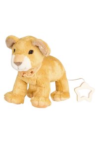 Plush lion toy in soft, light yellow fabric with a darker muzzle, featuring a fabric scarf and a pull string with a star-shaped handle.