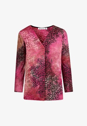 Langärmliges Oberteil mit V-Ausschnitt in verschiedenen Rosatönen, mit floralen Mustern, schwarzen Akzenten und einem weichen, strukturierten Stoff.