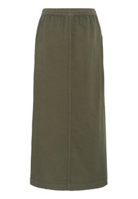 Jupe midi vert olive en coton, dotée d'une taille élastique, de poches latérales et d'une coupe droite et simple.