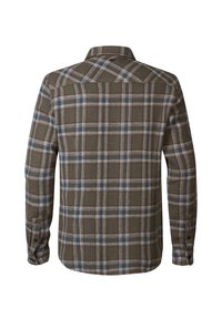 Geruite lange mouwen shirt in aardetinten met blauwe en crème lijnen. Gemaakt van een gestructureerde stof met een knoopmanschet en kraag.