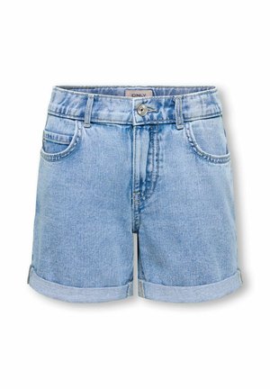Light blue denim shorts with rolled hems, front button, zipper closure, belt loops, and front and back pockets.