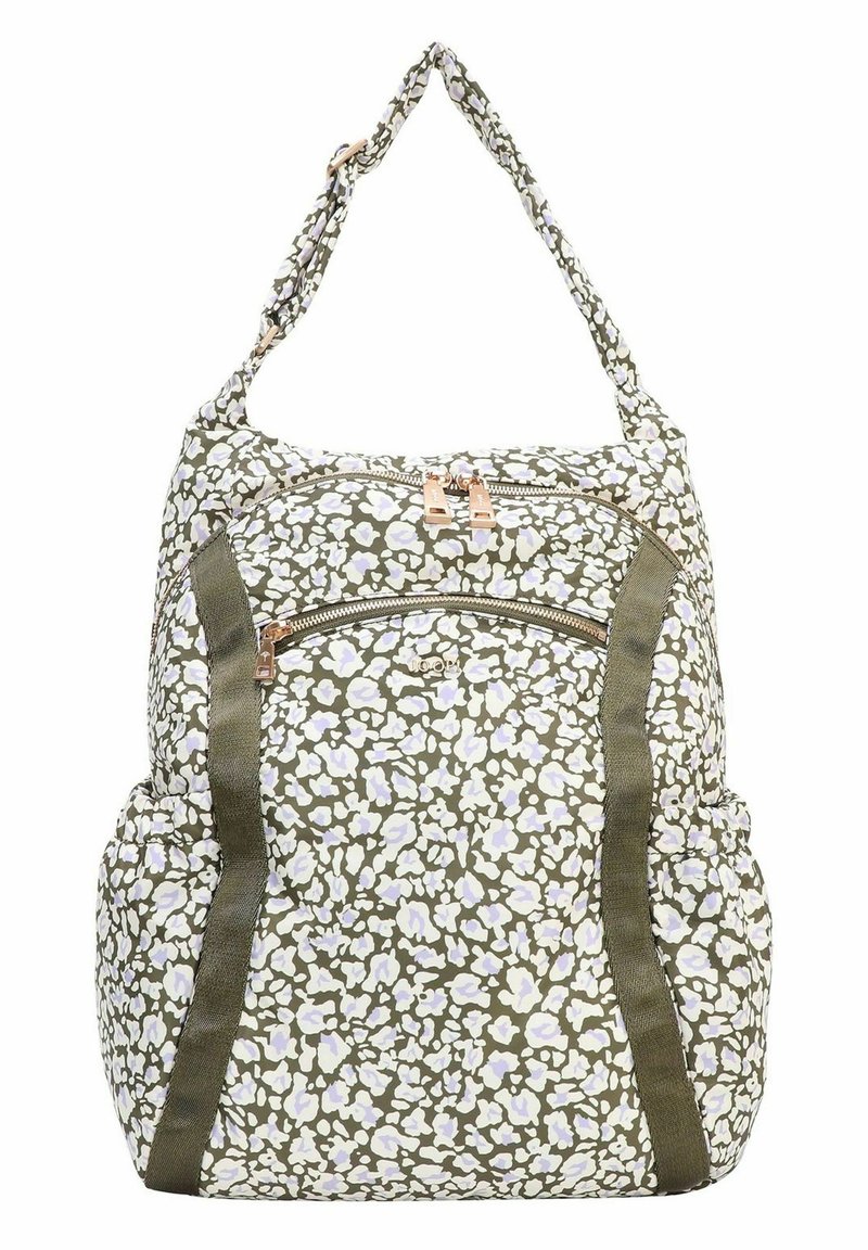 Sac à dos à motif floral vert olive et blanc avec une poignée supérieure, une poche avant zippée, des poches latérales et des accents en tissu verticaux foncés.