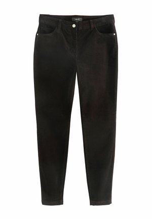Mustad mustad teksasaapad, millel on slim-fit lõige, viie tasku, nupuga sulgemine ja minimaalne õmblus. Pehme tekstuur ja sile viimistlus.