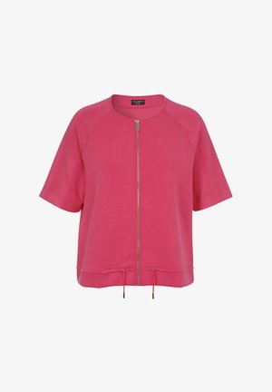 Veste rose vif à manches courtes avec fermeture éclair à l'avant et bas réglable par cordon, col rond et manches raglan.