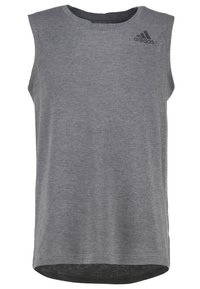 Šedé bezrukávové sportovní tričko s kulatým výstřihem a černým logem Adidas na levé horní části hrudi.