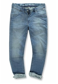 Vaqueros de mezclilla azul con un acabado desgastado, puños enrollados y una cinturilla etiquetada "Solo para hombres de verdad". Diseño de cinco bolsillos y cierre de botón de metal.