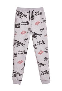 Graue Sweatpants mit verschiedenen schwarzen und roten grafischen Texten sowie Totenkopf-Drucken. Hergestellt aus weichem Stoff, mit elastischem Bund und Bündchen.