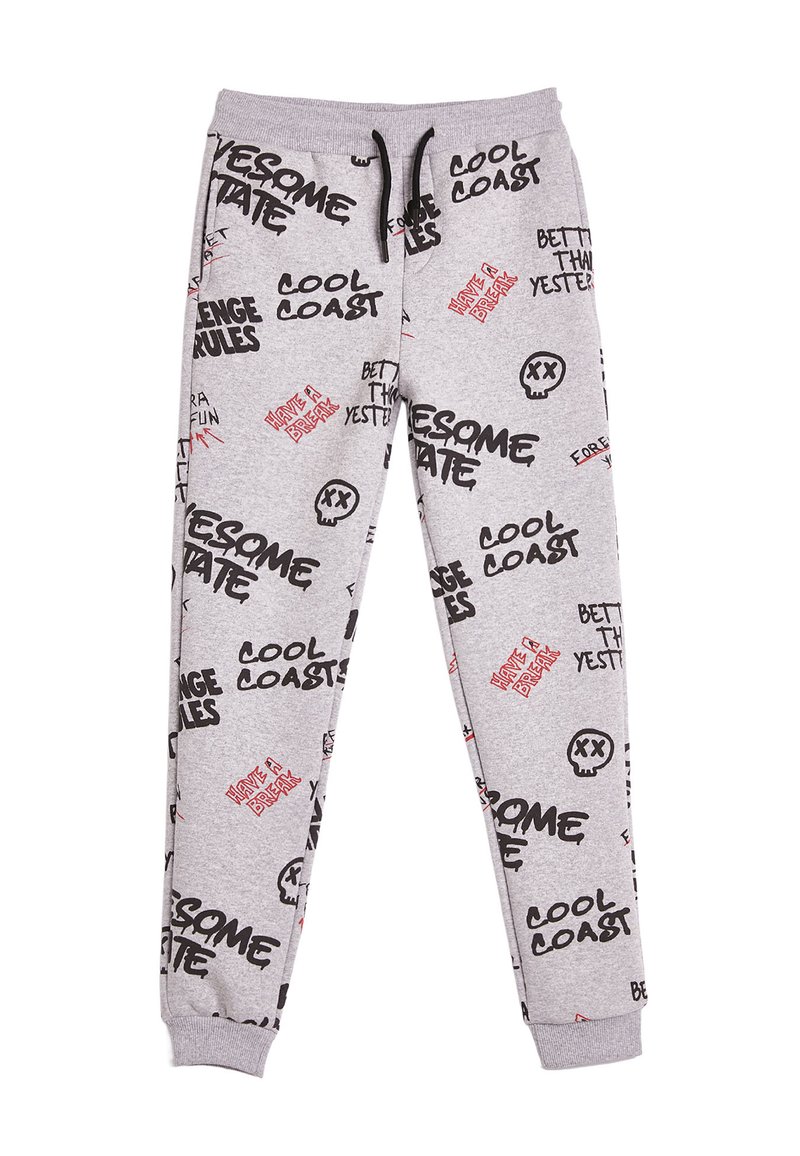 Graue Sweatpants mit verschiedenen schwarzen und roten grafischen Texten sowie Totenkopf-Drucken. Hergestellt aus weichem Stoff, mit elastischem Bund und Bündchen.