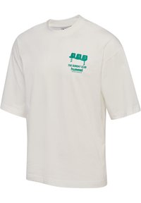 White cotton t-shirt with short sleeves, round neckline, featuring green printed text and graphics on the left chest area.