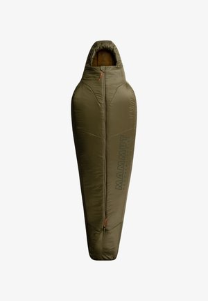 Mammut sleeping bag in olive green, tapered design with a hood, smooth texture, logo printed on the side, and an orange accent on the drawcord.