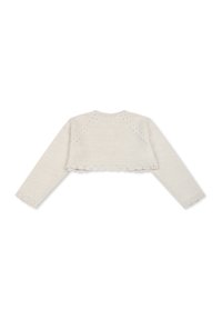 Cardigan court beige clair en tricot avec des manches longues, un ourlet festonné et des motifs ajourés le long du dos et des bords.