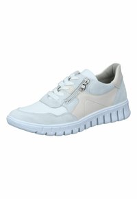 Witte en lichtgrijze sneaker van gemengde materialen, met een vetersluiting, een zijrits en een gestructureerde rubberen zool met ribbels.