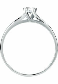 Solitaire-Verlobungsring aus poliertem Weißgold. Merkmale sind ein zentraler Rundschliff-Diamant, mit einem schlanken Ringband und einem verwobenen Design.