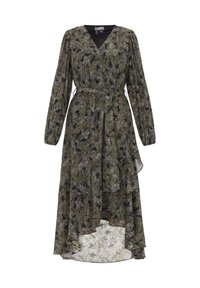 Abito maxi floreale con scollo a V, maniche lunghe e vita regolabile. Motivo a foglie verdi e nere; tessuto leggero con orlo fluido.
