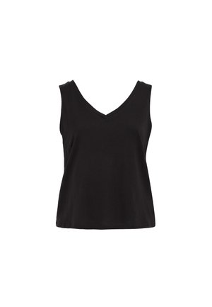 Black sleeveless V-neck women's top with a loose fit and plain design on a white background.