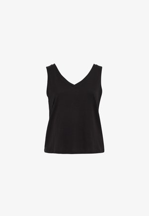 Schwarzes ärmelloses Damenoberteil mit V-Ausschnitt, lockerem Schnitt und schlichtem Design vor weißem Hintergrund.