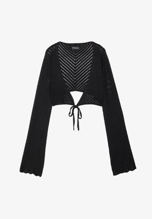 Čierny pletený krátky kardigán s dlhými rukávmi, s výstrihom do V, viazaním vpredu a chevronovým vzorom po celom povrchu.