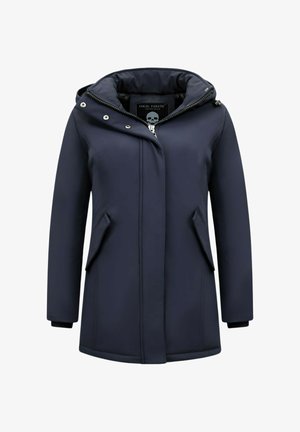 Een navyblauwe gewatteerde jas met een capuchon, voorzien van een ritssluiting aan de voorkant, twee zijzakken en elastische boorden. Soepele, matte textuur en een opstaande kraag.