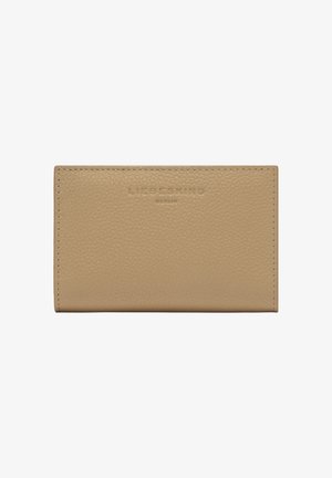 Beige Leder-Geldbörse mit strukturierter Oberfläche, geprägt mit dem "Liebeskind Berlin"-Logo, rechteckiger Form und sichtbaren Kantenähten.