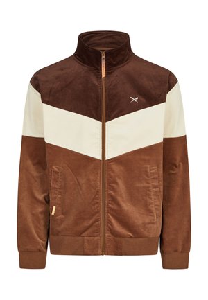 Brown and beige zip-up jacket with high collar, two front pockets, ribbed cuffs, and a small embroidered logo on the chest.
