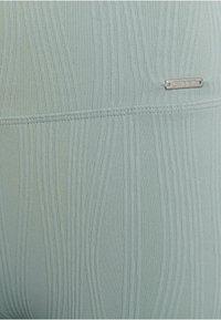 Light green ribbed fabric featuring a smooth texture, vertical lines, and a small metal logo accent. The design has a fitted shape.