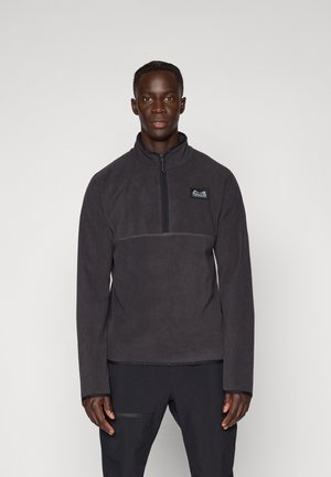 Pull-over en polaire grise avec un col zippé jusqu'au quart, des manches longues et un petit patch logo sur la poitrine. Texture douce, coupe décontractée, design simple.