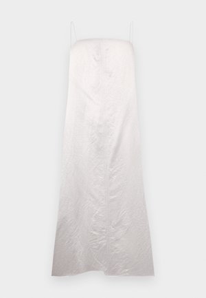 Weißes, ärmelloses Kleid mit gerader Silhouette, aus leicht strukturiertem Stoff gefertigt, mit einer Mittelnaht und minimalen Trägern.