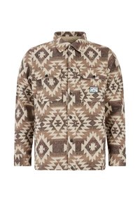 Bruine en beige gestreepte blousejacket met kraag, twee voorflapzakken en een klein rechthoekig "Protest" logo op de borstzak.