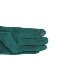 Guanti in suede teal con tre cuciture sul retro e un piccolo fiore come accento nella zona del polso. Texture morbida, design elegante.
