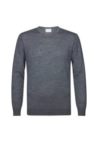 Grå stickad tröja med V-ringning, långa ärmar och en något texturerad yta. Enkel och klassisk stil utan dekorationer.