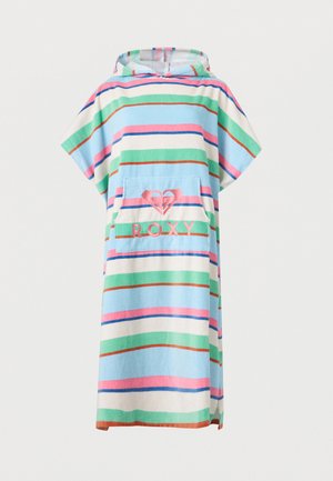 Poncho à capuche à manches courtes en serviette, avec des rayures horizontales bleu, vert, rose, blanc et orange, doté d'une poche avant avec le logo "ROXY" en rose.