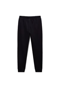 Black sweatpants made of cotton with an elastic waistband, ribbed cuffs, and a smooth texture, featuring a simple design without patterns.