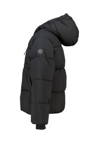 Black puffer jacket with a hood, featuring quilted texture, elastic cuffs, and a circular logo on the left shoulder. Side zip pocket visible.