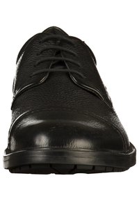 Chaussure formelle en cuir noir avec bout arrondi, fermeture à lacets et dessus texturé, vue de face.