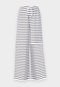Wide-leg pants in white fabric, featuring black horizontal stripes. Elastic waistband with a drawstring for adjustable fit and comfort.