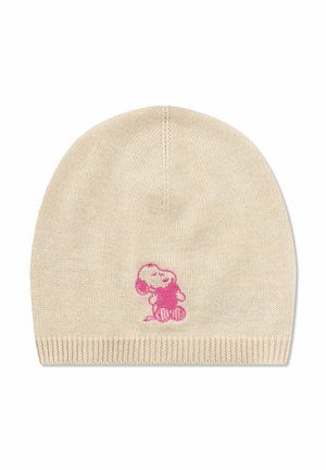 Beige gestrickte Mütze mit kleinem, rosa besticktem Snoopy-Charakter, der sitzt und lächelt, zentriert nahe dem unteren Rand.