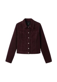 Chaqueta de mezclilla burdeos, diseño corto, cuello clásico, bolsillos frontales, cierre de botones y tejido texturizado.