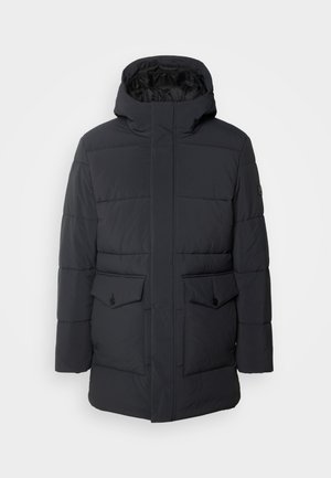 Jachetă tip puffer într-o nuanță de albastru închis, cu glugă, design matlasat pe orizontală, două buzunare frontale cu clapete și închidere cu fermoar.