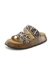 Leopard print slide sandals with two adjustable straps, cushioned footbed, and a cork-like outsole. Textured surface and golden buckle detail.